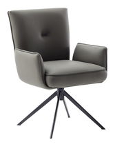 Moderner grauer Sessel mit Armlehnen und schwarzem Metallgestell, seitliche Perspektive