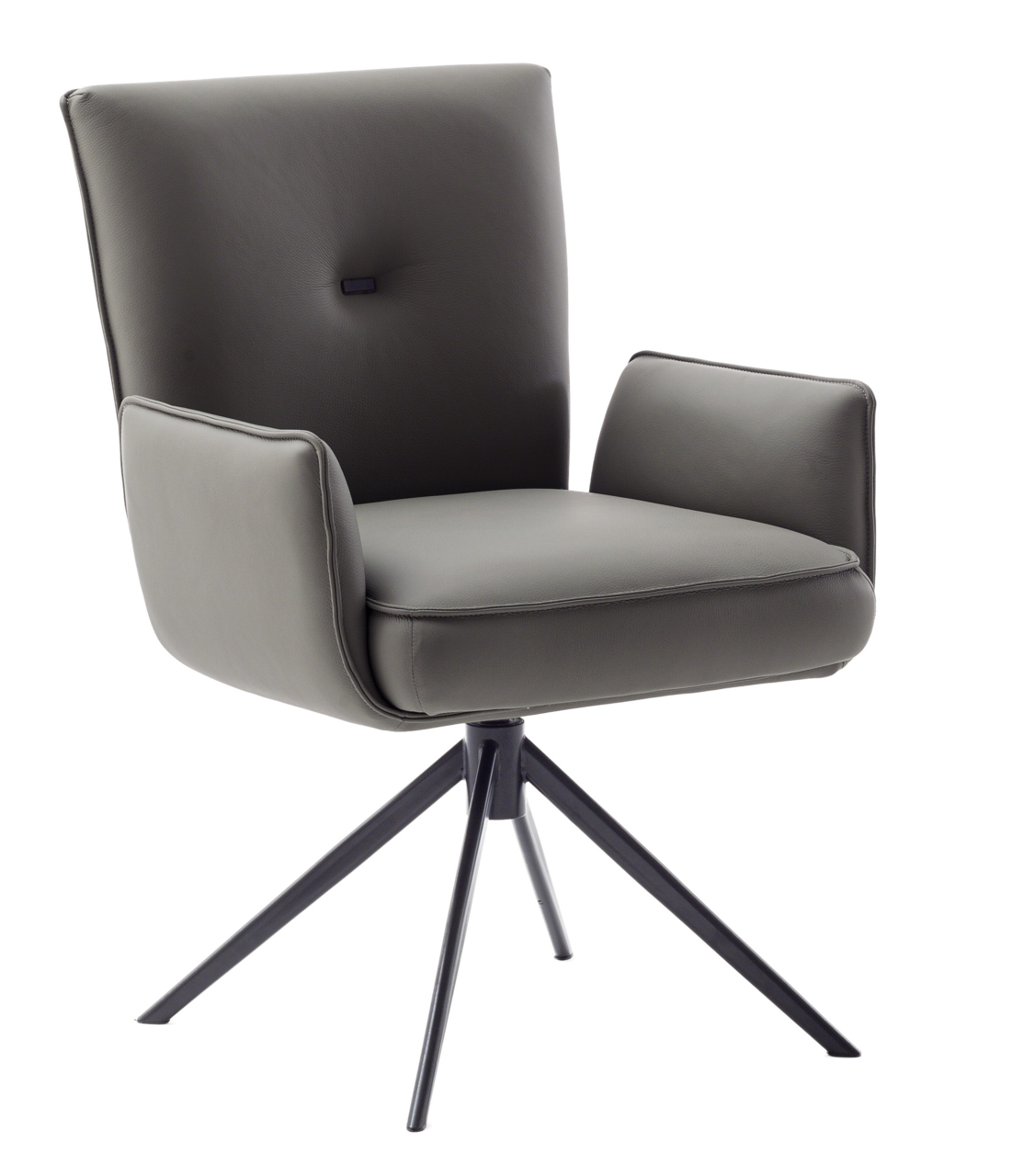 Moderner grauer Sessel mit Armlehnen und schwarzem Metallgestell, seitliche Perspektive