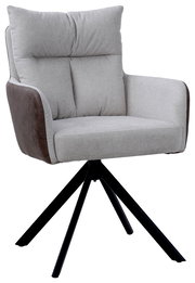 Moderner Armlehnstuhl mit grauem Stoffbezug und braunen Akzenten, auf schwarzem Metallgestell, seitliche Perspektive