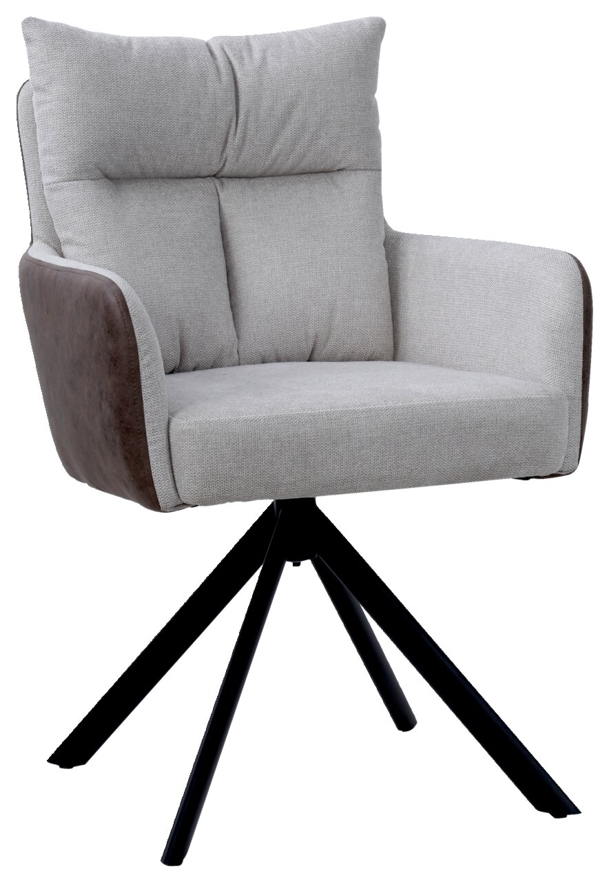 Moderner Armlehnstuhl mit grauem Stoffbezug und braunen Akzenten, auf schwarzem Metallgestell, seitliche Perspektive