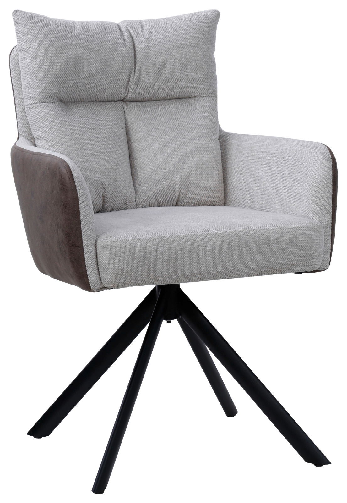 Hom´in Armlehnstuhl FABIAN Moderner Armlehnstuhl mit grauem Stoffbezug und braunen Akzenten, auf schwarzem Metallgestell, seitliche Perspektive