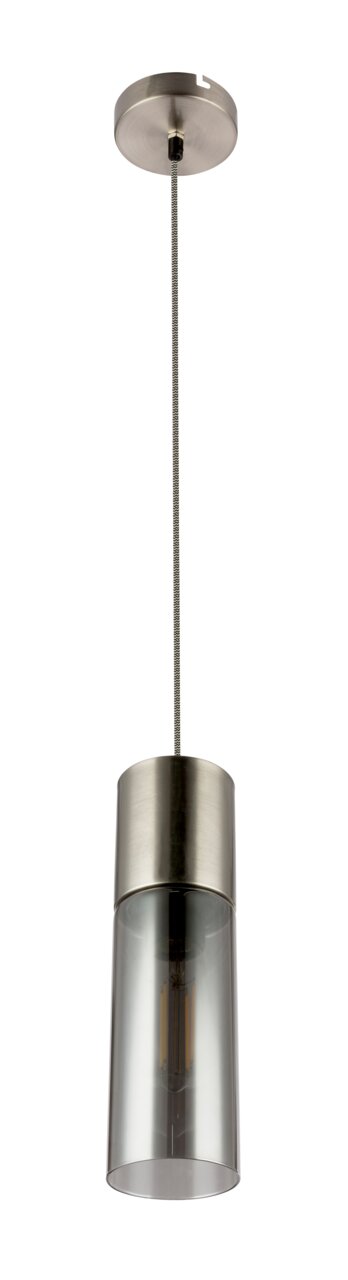 Moderne Hängeleuchte mit zylindrischem, transparentem Glasschirm und metallischer Aufhängung, seitliche Perspektive.