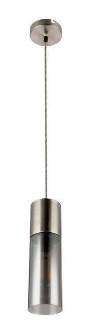 Moderne Hängeleuchte mit zylindrischem, transparentem Glasschirm und metallischer Aufhängung, seitliche Perspektive.