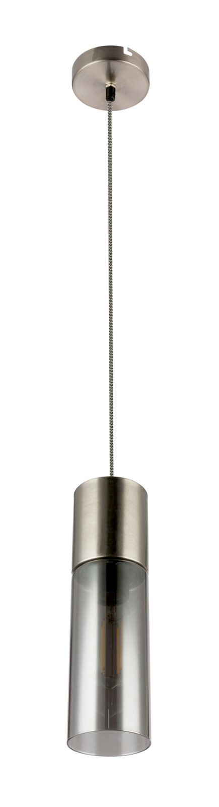 Moderne Hängeleuchte mit zylindrischem, transparentem Glasschirm und metallischer Aufhängung, seitliche Perspektive.
