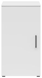 Weiße Kommode mit einer Tür und schwarzem Griff, Frontalansicht
