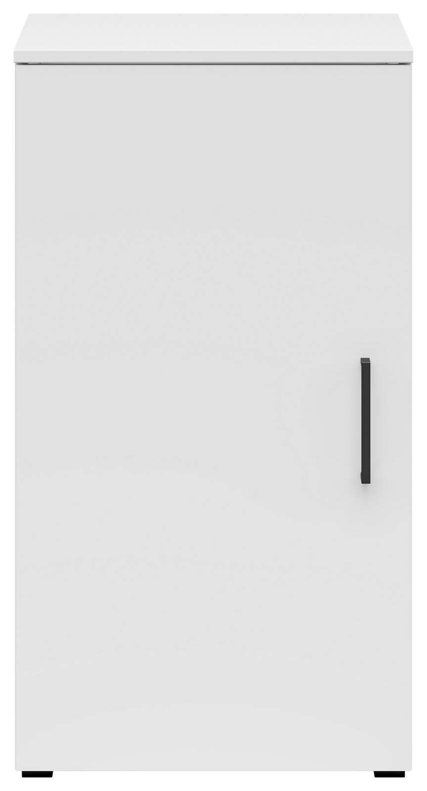 Weiße Kommode mit einer Tür und schwarzem Griff, Frontalansicht