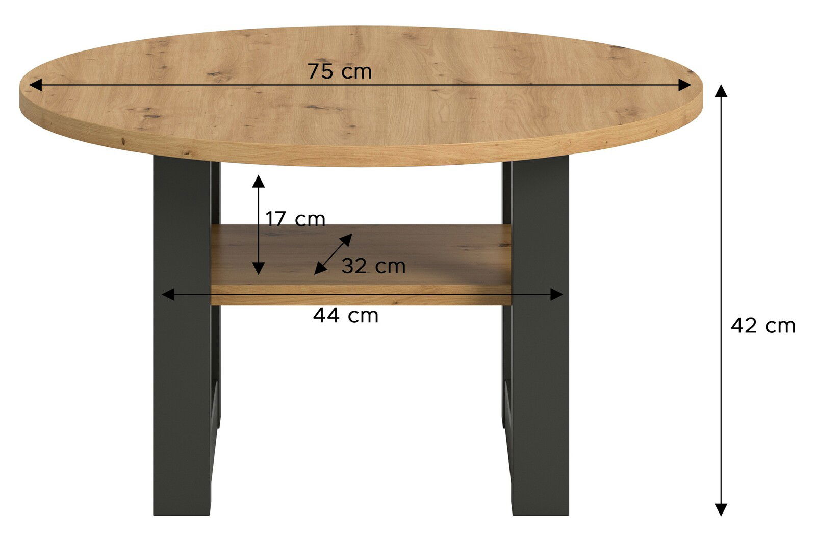 Runder Couchtisch aus Holz mit schwarzem Metallgestell, 75 cm Durchmesser, 42 cm hoch, seitliche Perspektive.