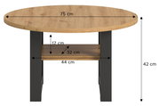 Runder Couchtisch aus Holz mit schwarzem Metallgestell, 75 cm Durchmesser, 42 cm hoch, seitliche Perspektive.