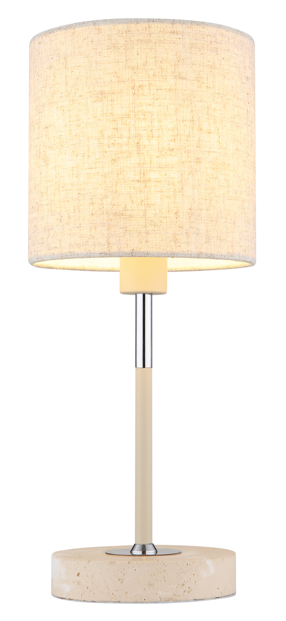 Tischleuchte mit zylindrischem Stoffschirm in Beige, Metallfuß und runder Basis aus Stein, frontal betrachtet.