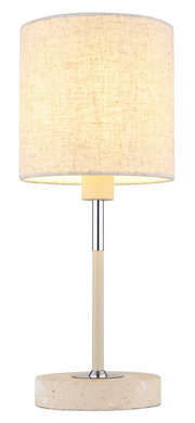 Tischleuchte mit zylindrischem Stoffschirm in Beige, Metallfuß und runder Basis aus Stein, frontal betrachtet.