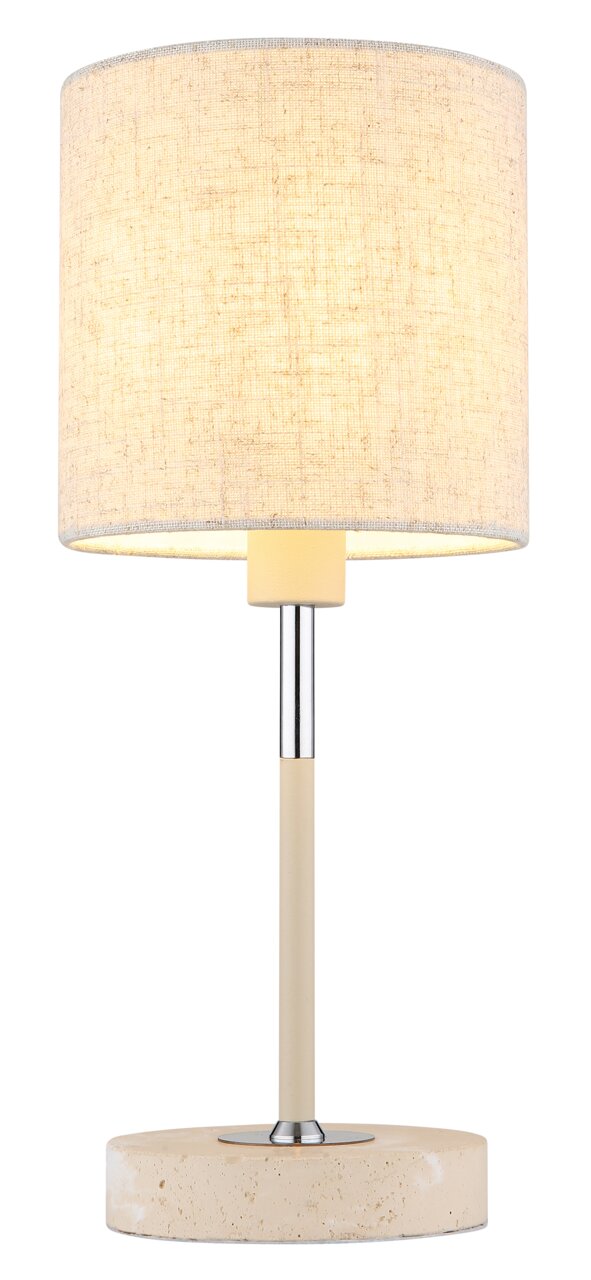 Tischleuchte mit zylindrischem Stoffschirm in Beige, Metallfuß und runder Basis aus Stein, frontal betrachtet.