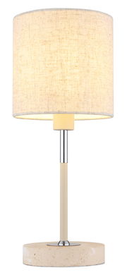 Tischleuchte mit zylindrischem Stoffschirm in Beige, Metallfuß und runder Basis aus Stein, frontal betrachtet.