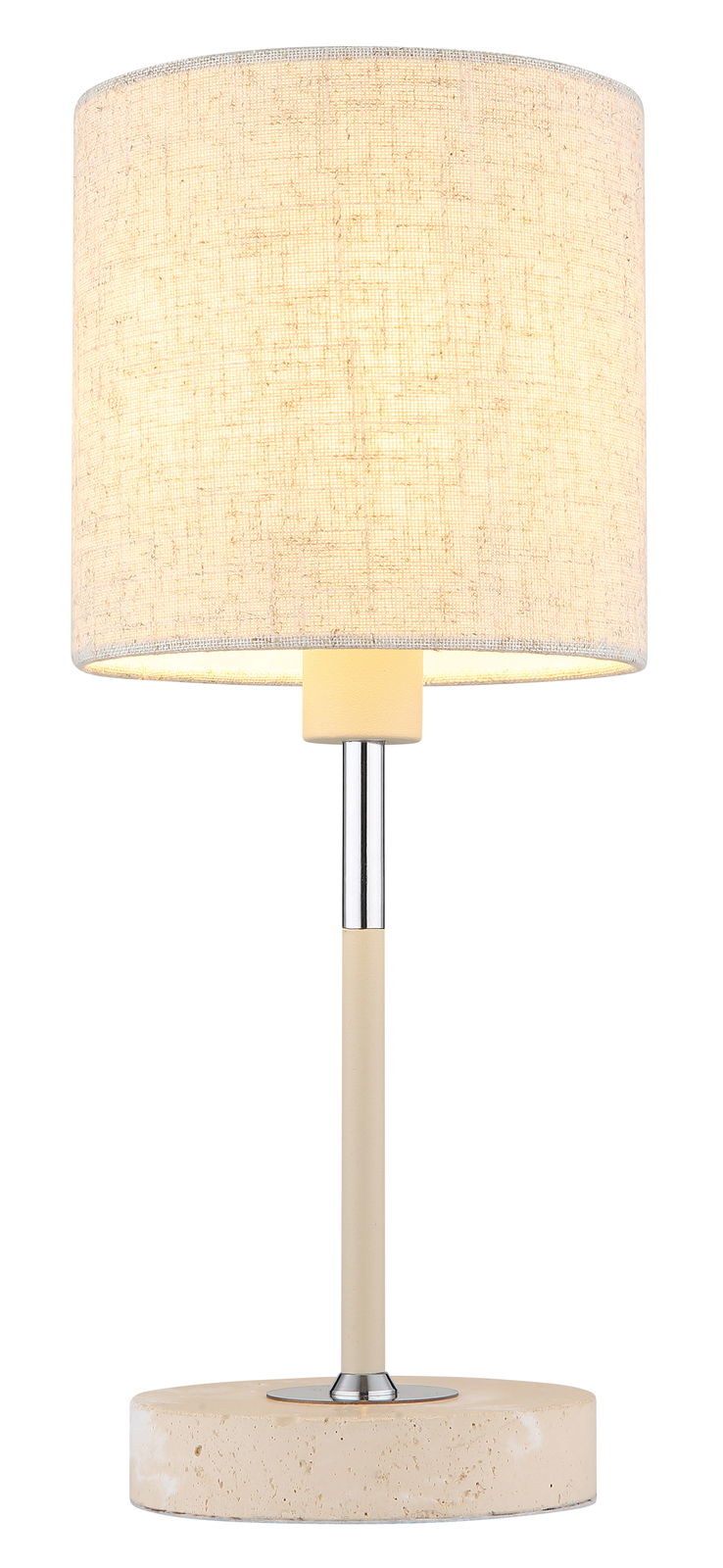Tischleuchte mit zylindrischem Stoffschirm in Beige, Metallfuß und runder Basis aus Stein, frontal betrachtet.