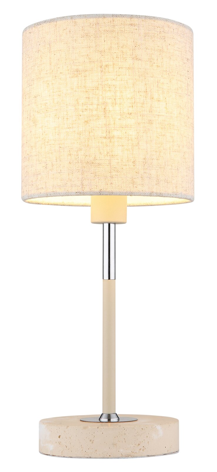 Tischleuchte mit zylindrischem Stoffschirm in Beige, Metallfuß und runder Basis aus Stein, frontal betrachtet.