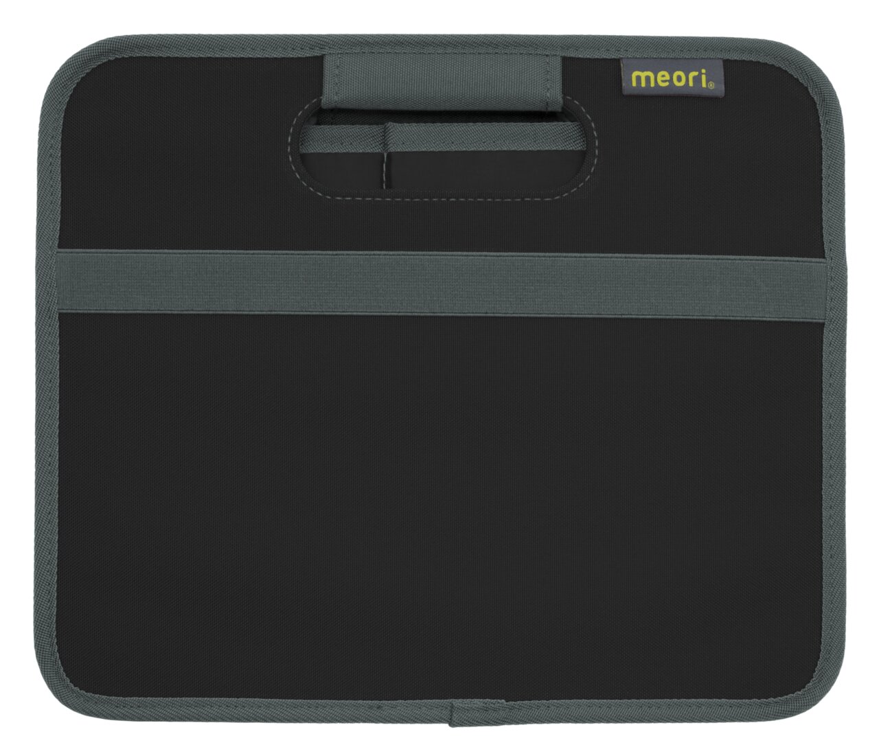 Faltbox M in schwarzer Farbe, Vorderansicht mit Tragegriff und meori-Logo