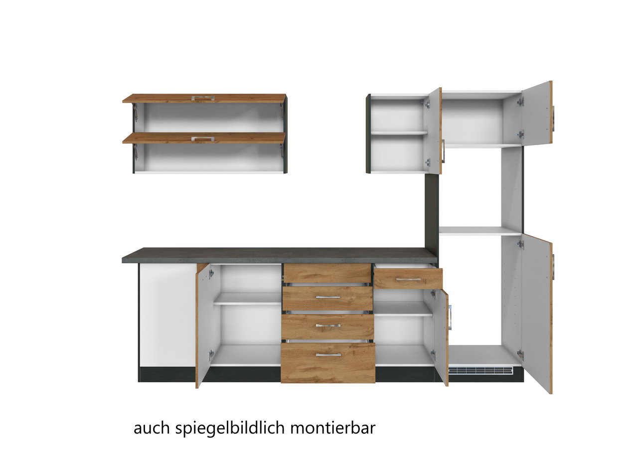 Eck-Küchenzeile mit offenen Schränken und Schubladen, Holz- und Weißtöne, frontale Ansicht
