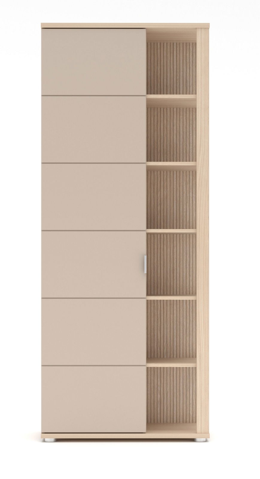 Moderner Garderobenschrank mit Schiebetür und offenen Regalfächern, Frontalansicht