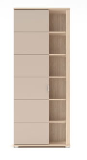 Moderner Garderobenschrank mit Schiebetür und offenen Regalfächern, Frontalansicht