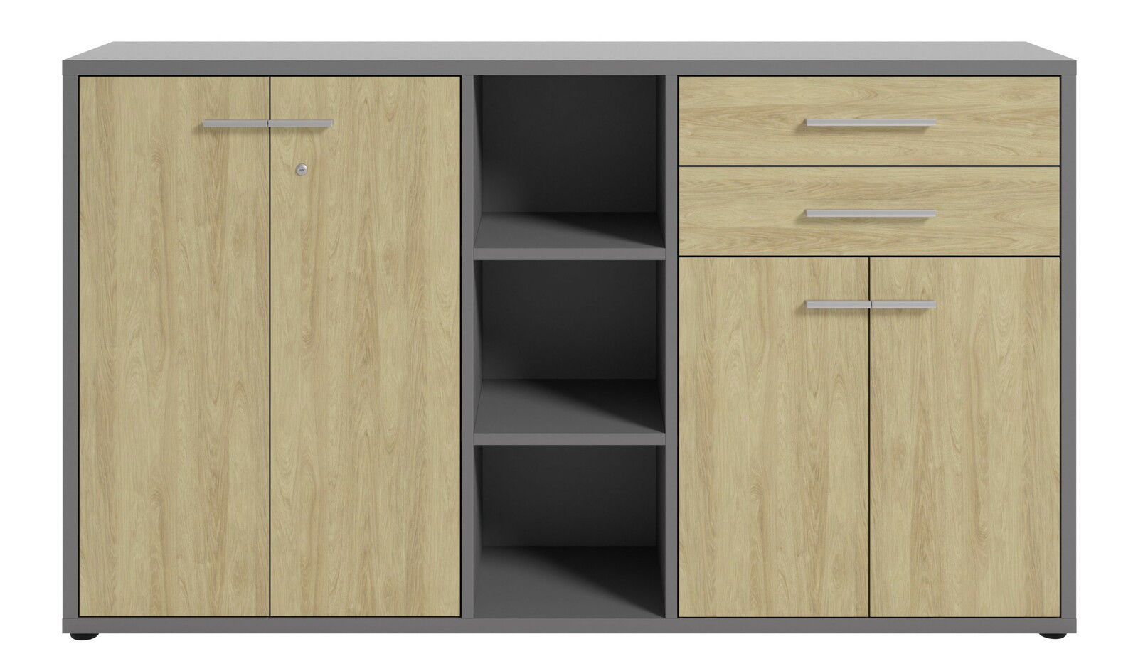 Aktenschrank mit Holzoptik, zwei Türen, drei offene Fächer und zwei Schubladen, frontale Ansicht