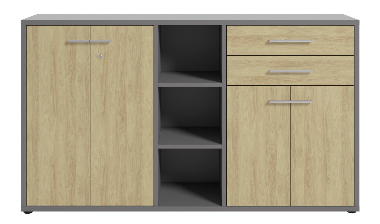 Aktenschrank mit Holzoptik, zwei Türen, drei offene Fächer und zwei Schubladen, frontale Ansicht