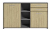 Aktenschrank mit Holzoptik, zwei Türen, drei offene Fächer und zwei Schubladen, frontale Ansicht