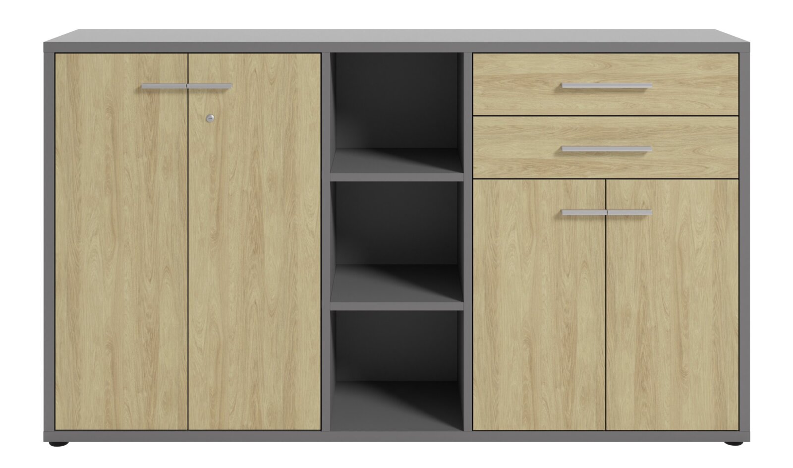 Aktenschrank mit Holzoptik, zwei Türen, drei offene Fächer und zwei Schubladen, frontale Ansicht