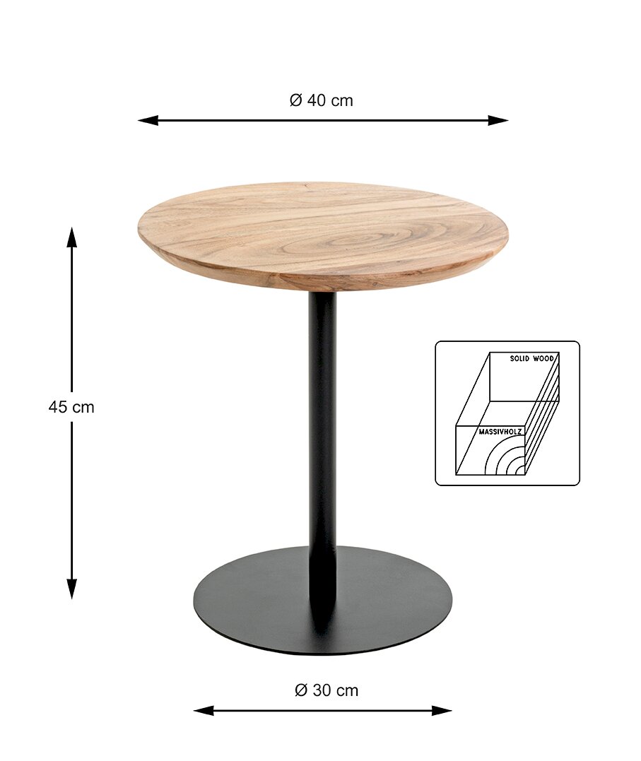 Runder Beistelltisch mit Massivholz-Tischplatte und schwarzem Metallfuß, Produktansicht frontal mit Maßangaben (Ø 40 cm, Höhe 45 cm, Fuß Ø 30 cm) auf weißem Hintergrund.