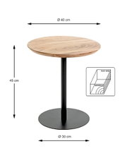 Runder Beistelltisch mit Massivholz-Tischplatte und schwarzem Metallfuß, Produktansicht frontal mit Maßangaben (Ø 40 cm, Höhe 45 cm, Fuß Ø 30 cm) auf weißem Hintergrund.