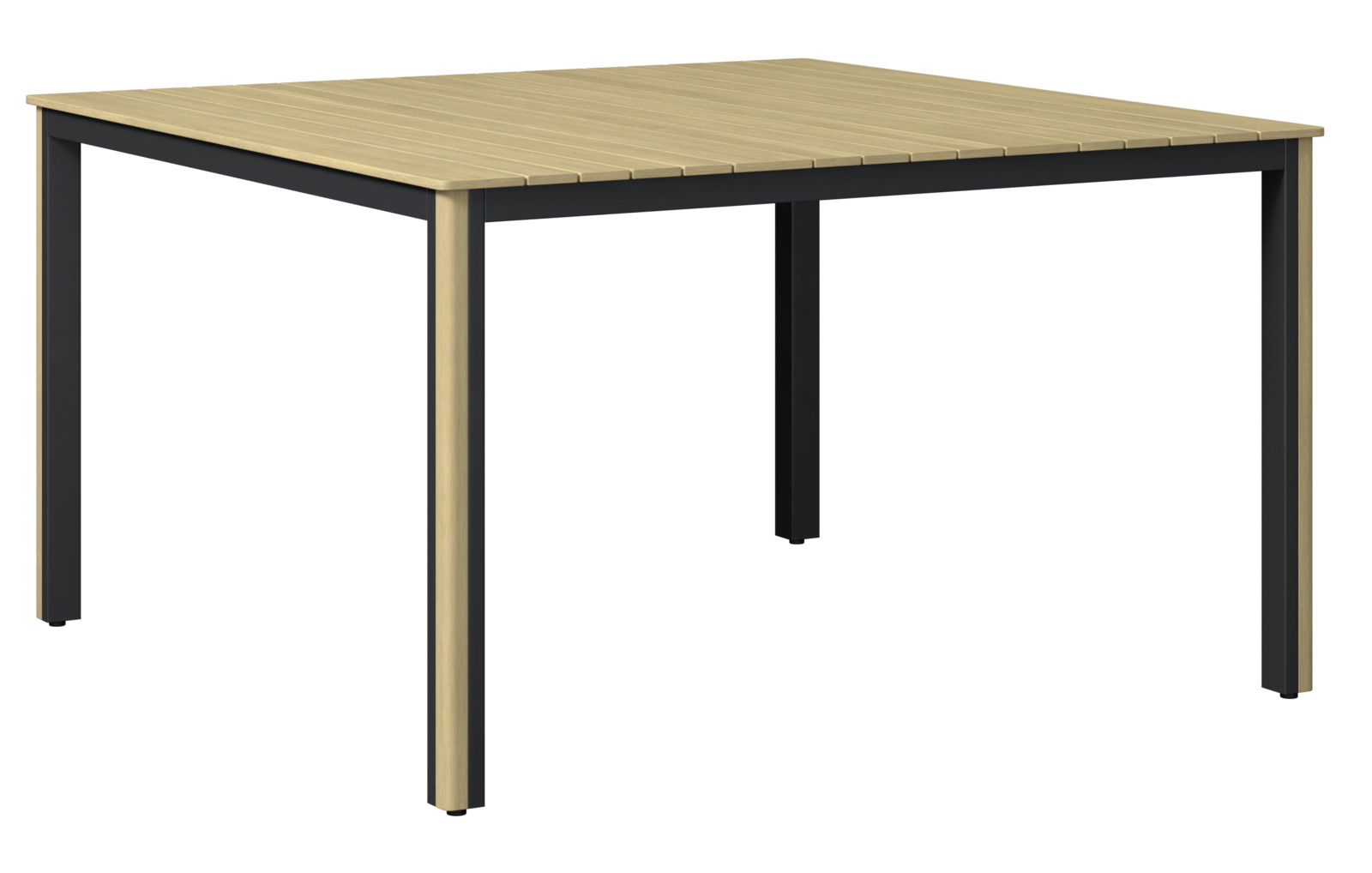 Moderner quadratischer Tisch mit Holzplatte und schwarzen Metallbeinen, seitliche Perspektive