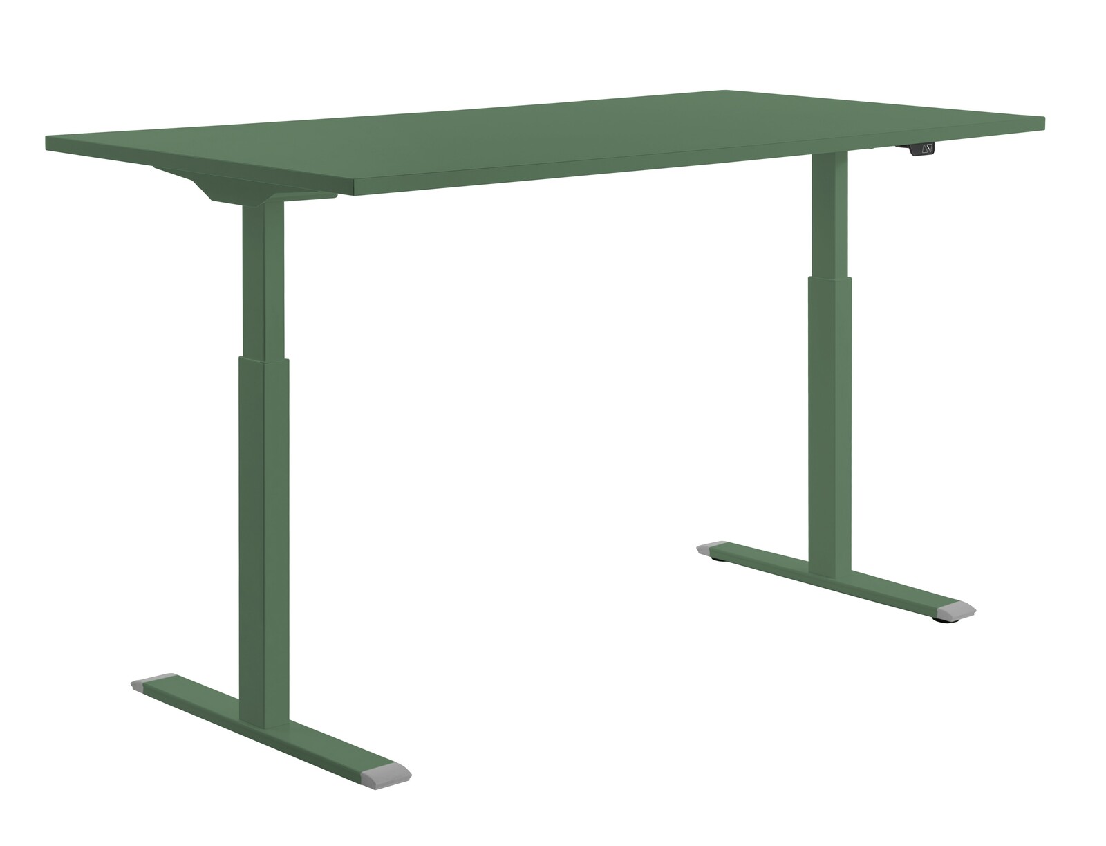 Grüner höhenverstellbarer E-Schreibtisch von der Seite betrachtet