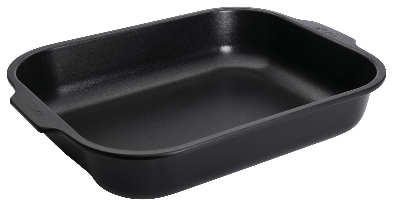 Schwarze Bratreine aus Metall, rechteckig mit abgerundeten Ecken, in einer leicht schrägen Perspektive von oben fotografiert.