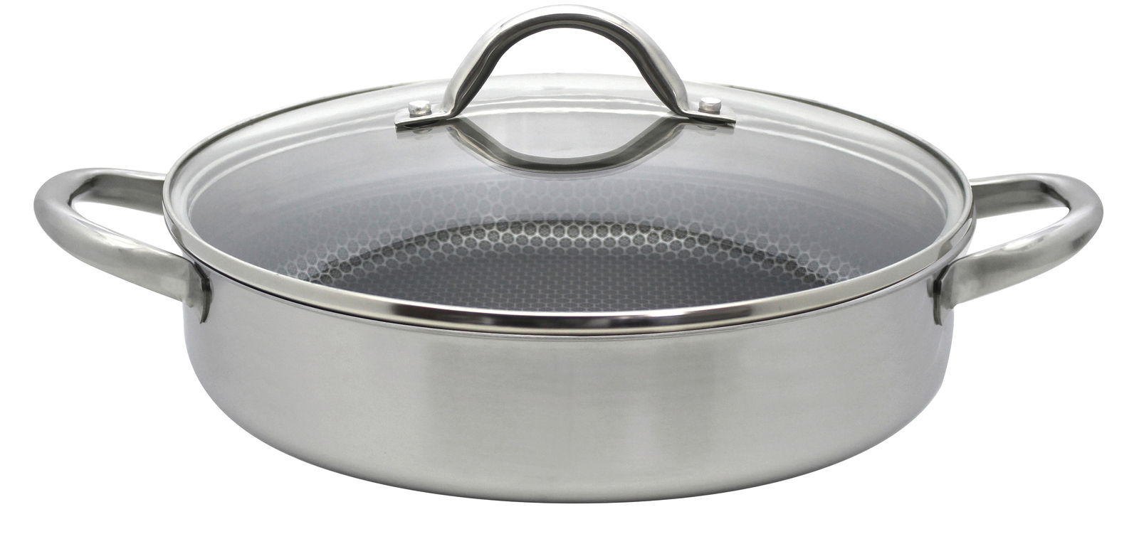 Elo Servierpfanne RELIEF EVOLUTION Edelstahl-Servierpfanne mit Glasdeckel und Wabenstruktur, seitliche Perspektive