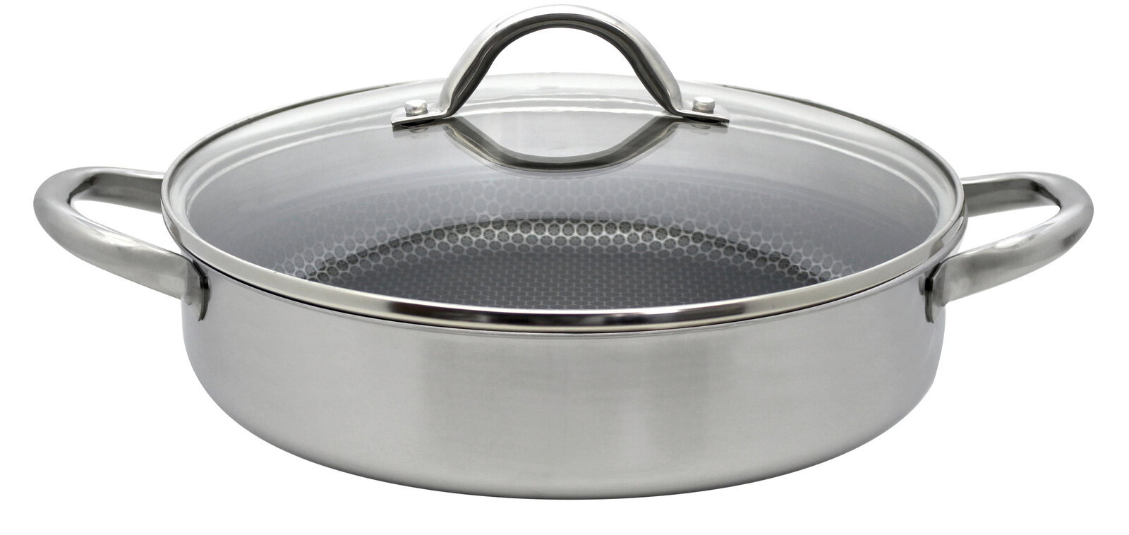 Edelstahl-Servierpfanne mit Glasdeckel und Wabenstruktur, seitliche Perspektive