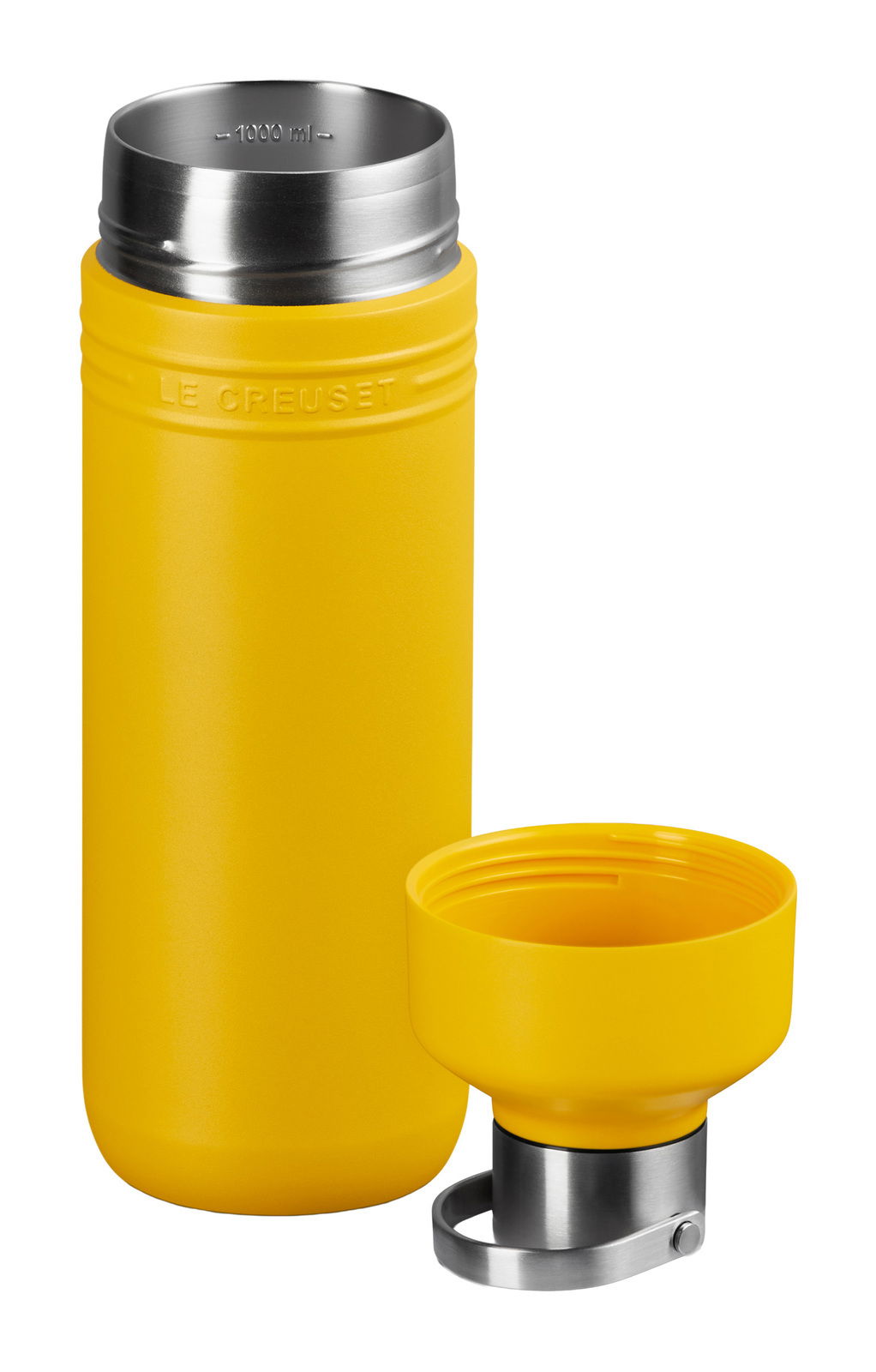 Gelbe 1L Trinkflasche mit abgenommenem Deckel, seitliche Perspektive