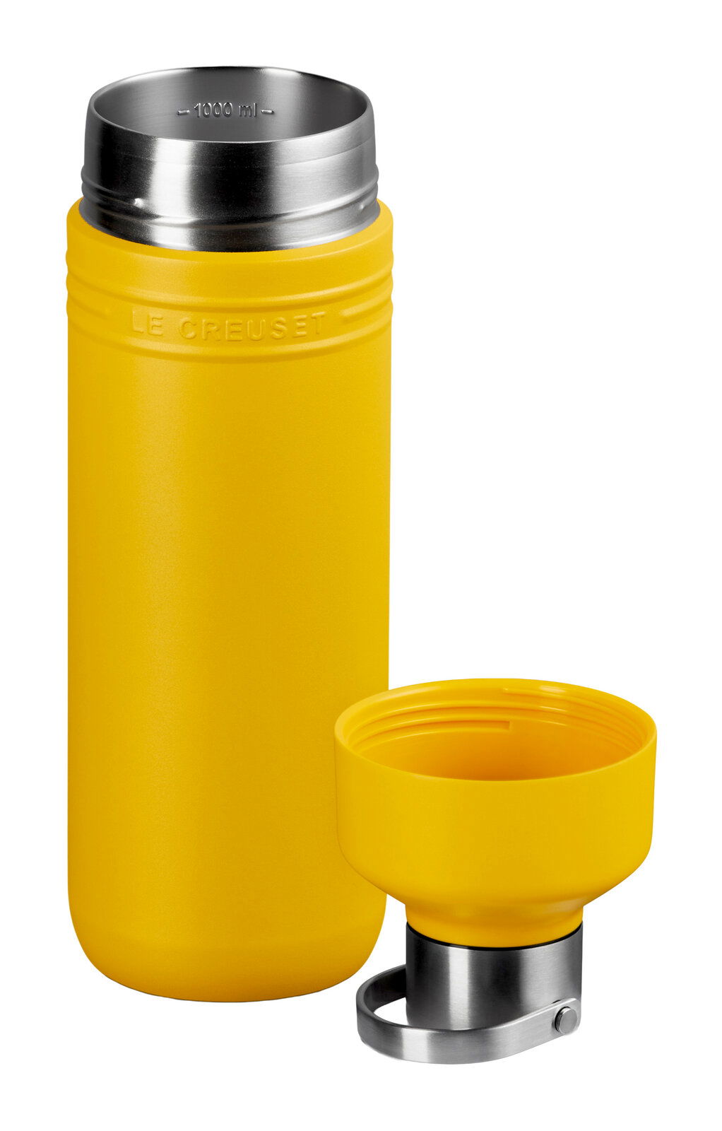 Gelbe 1L Trinkflasche mit abgenommenem Deckel, seitliche Perspektive