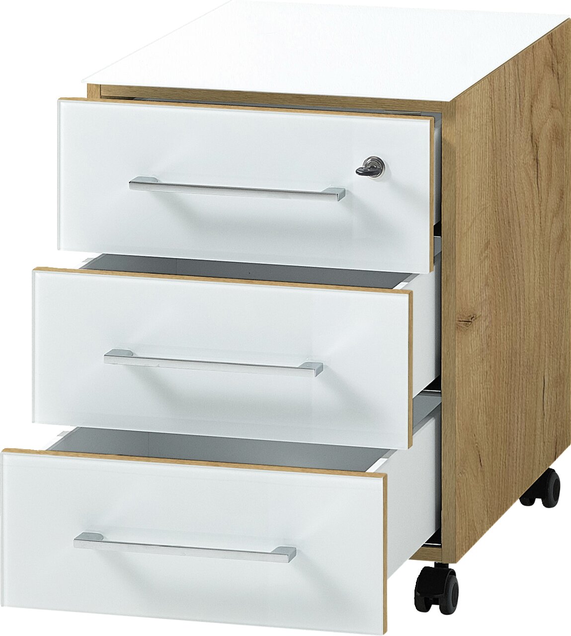 Rollcontainer mit drei offenen Schubladen, weiße Fronten und Holzseiten, auf Rollen, seitliche Perspektive