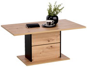 Moderner Couchtisch aus Holz mit schwarzem Akzent, dekoriert mit einer Pflanze und Geschirr, seitliche Perspektive.