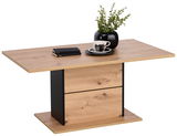 Moderner Couchtisch aus Holz mit schwarzem Akzent, dekoriert mit einer Pflanze und Geschirr, seitliche Perspektive.
