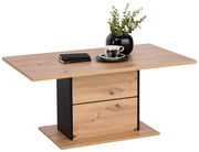 Moderner Couchtisch aus Holz mit schwarzem Akzent, dekoriert mit einer Pflanze und Geschirr, seitliche Perspektive.