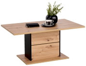 Moderne houten salontafel met een zwart accent, versierd met een plant en serviesgoed, gezien vanuit de zijkant.