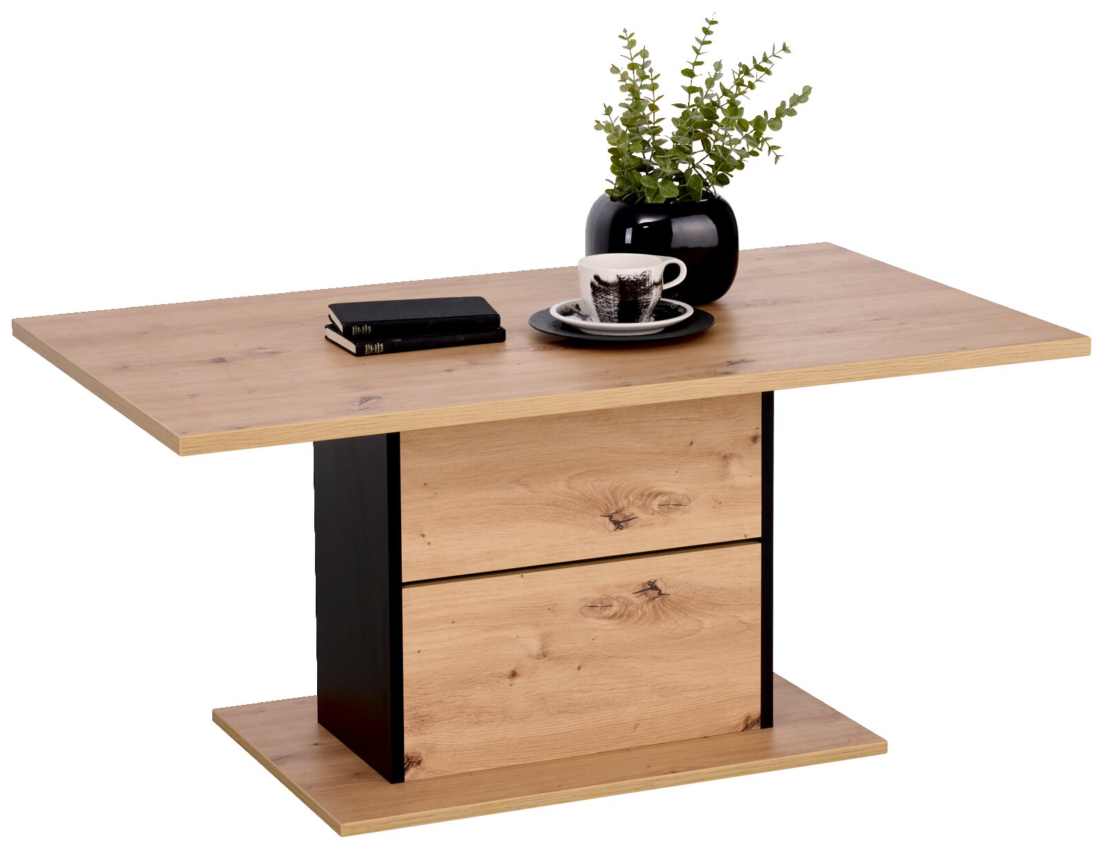 Moderne houten salontafel met een zwart accent, versierd met een plant en serviesgoed, gezien vanuit de zijkant.