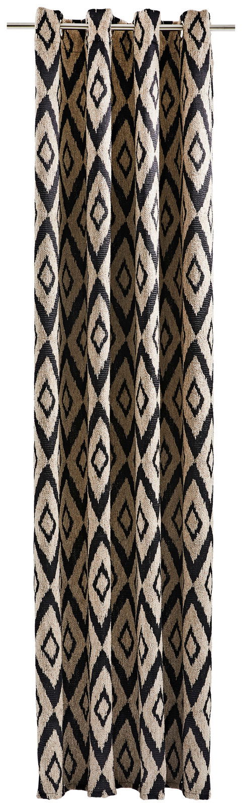 Ösenschal mit geometrischem Muster in Schwarz und Beige, frontal aufgenommen.