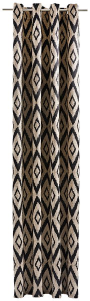 Ösenschal mit geometrischem Muster in Schwarz und Beige, frontal aufgenommen.