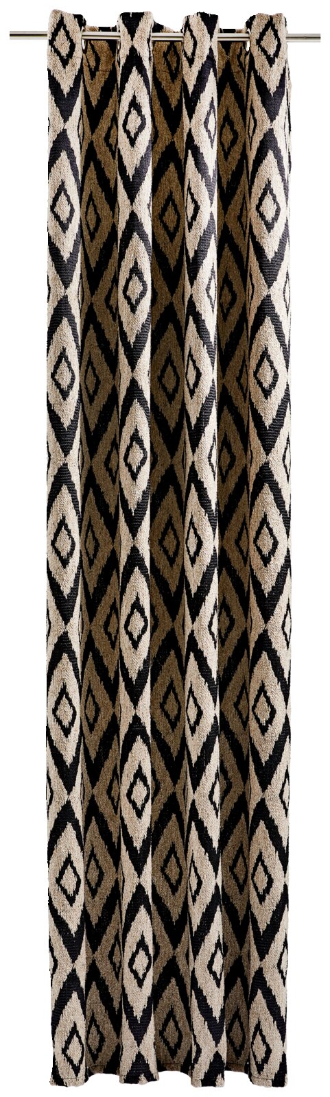 Ösenschal mit geometrischem Muster in Schwarz und Beige, frontal aufgenommen.