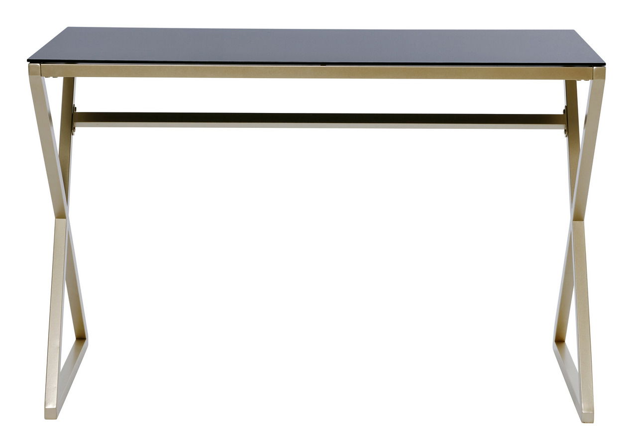 Moderner Schreibtisch mit schwarzer Tischplatte und goldfarbenem Metallgestell, Frontalansicht.