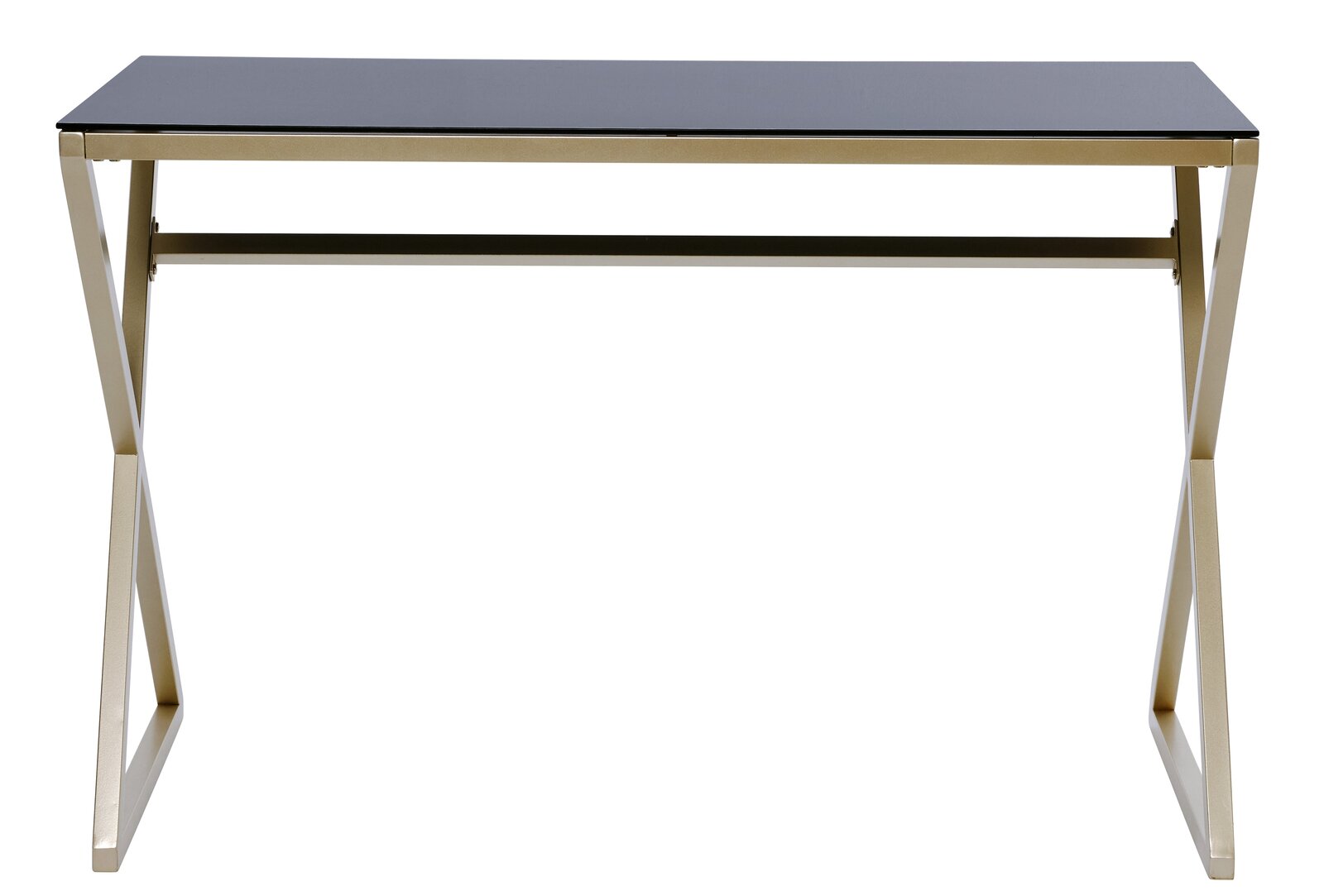 Moderner Schreibtisch mit schwarzer Tischplatte und goldfarbenem Metallgestell, Frontalansicht.