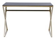 Moderner Schreibtisch mit schwarzer Tischplatte und goldfarbenem Metallgestell, Frontalansicht.