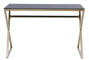 Moderner Schreibtisch mit schwarzer Tischplatte und goldfarbenem Metallgestell, Frontalansicht.
