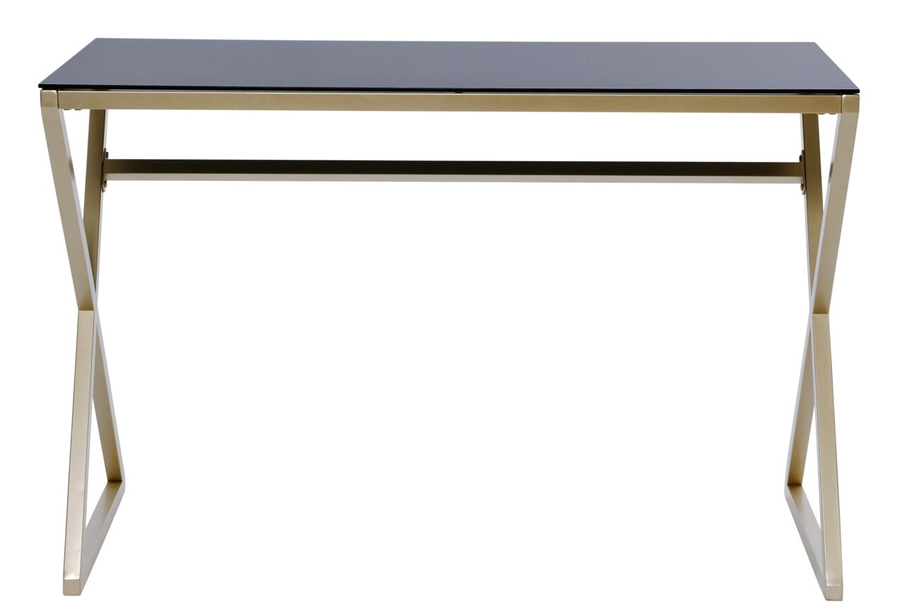 Moderner Schreibtisch mit schwarzer Tischplatte und goldfarbenem Metallgestell, Frontalansicht.