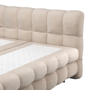 Beige gepolstertes Boxbett mit gestepptem Kopfteil, seitliche Perspektive